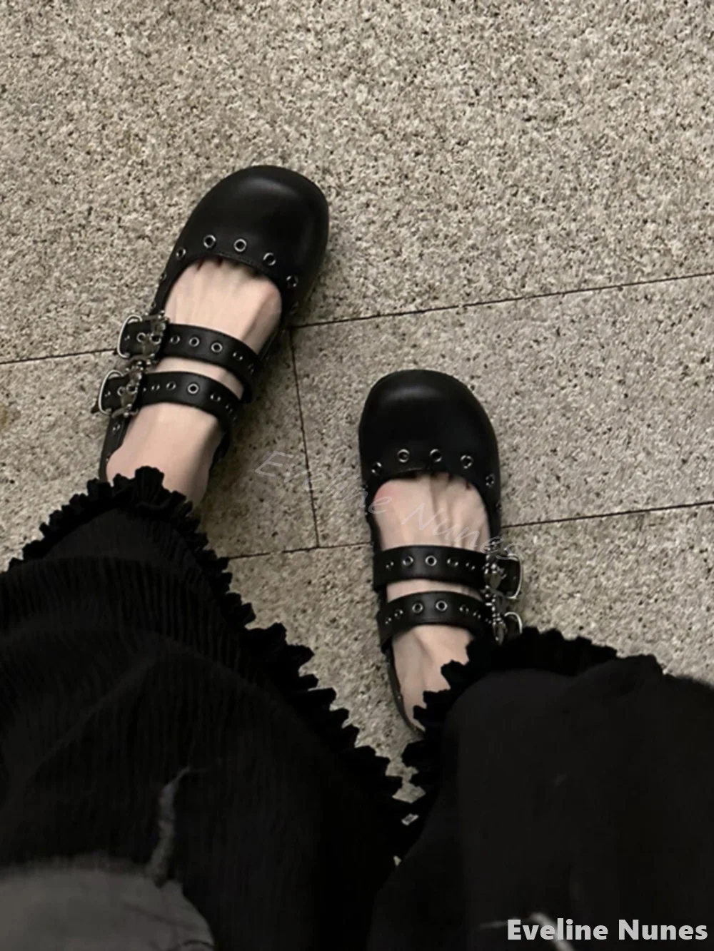 Gothic Punk Style Double Buckle Rivet Pumps Women Round Toe Skull Cute Flat Bottom Mary Jane Ballet Shoes 2025 New Leather Shoes 2