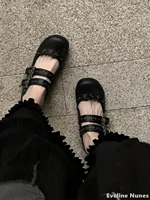 Gothic Punk Style Double Buckle Rivet Pumps Women Round Toe Skull Cute Flat Bottom Mary Jane Ballet Shoes 2025 New Leather Shoes 2