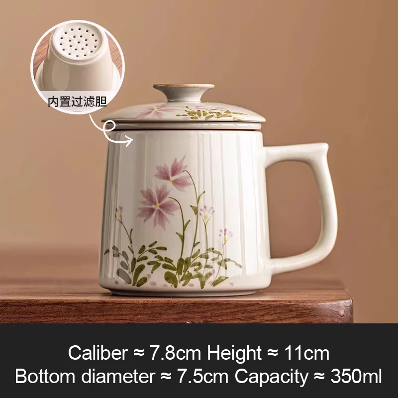 Chinese Style Flower Pattern Mugs, Home Personal Office Cute Teacup, With Cover, Creative Separated Tea Cups for Tea, 350ml, 1Pc