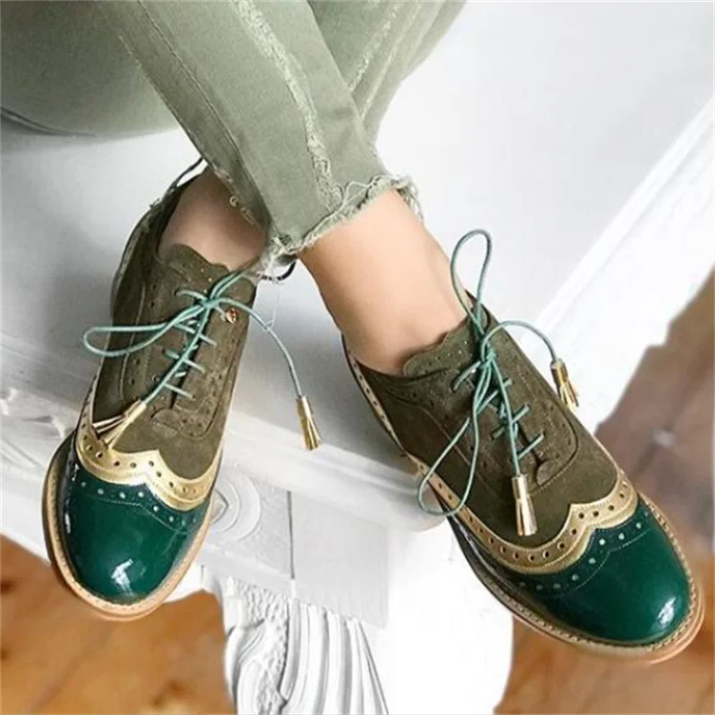 35~43 Big Size Vintage British Style Oxfords Round Toe Gold Green Pink Lady Lace Up Brogues Loafers Casual Shoes For Women