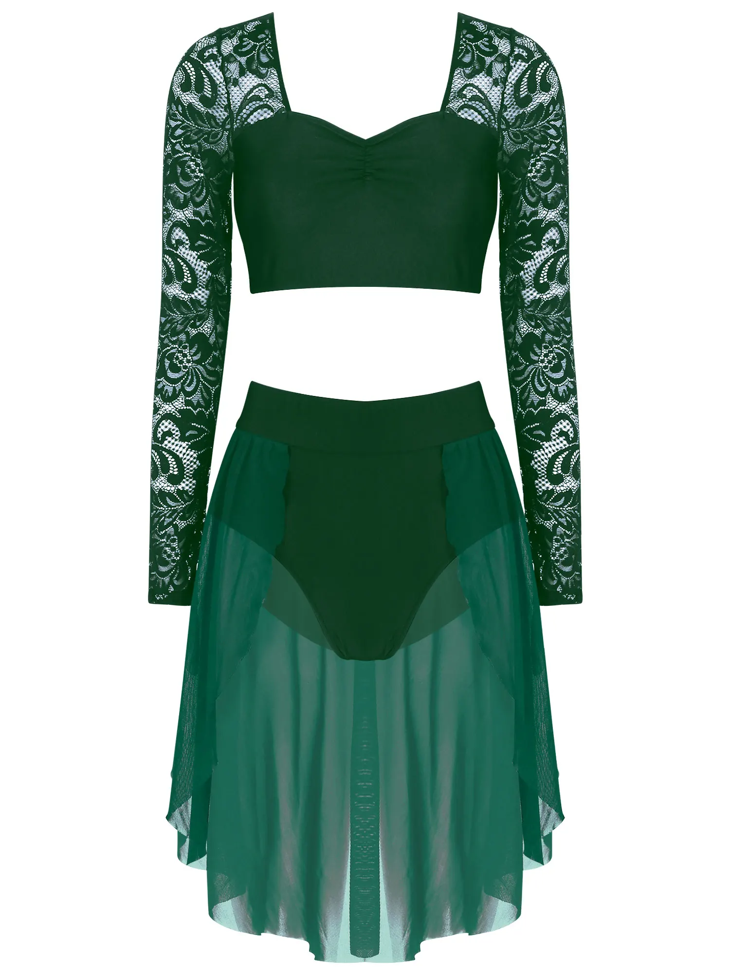 Womens Two-piece Lyrical Dance Costume Outfits Floral Lace Long Sleeve Pleated Crop Top with Skirted Briefs