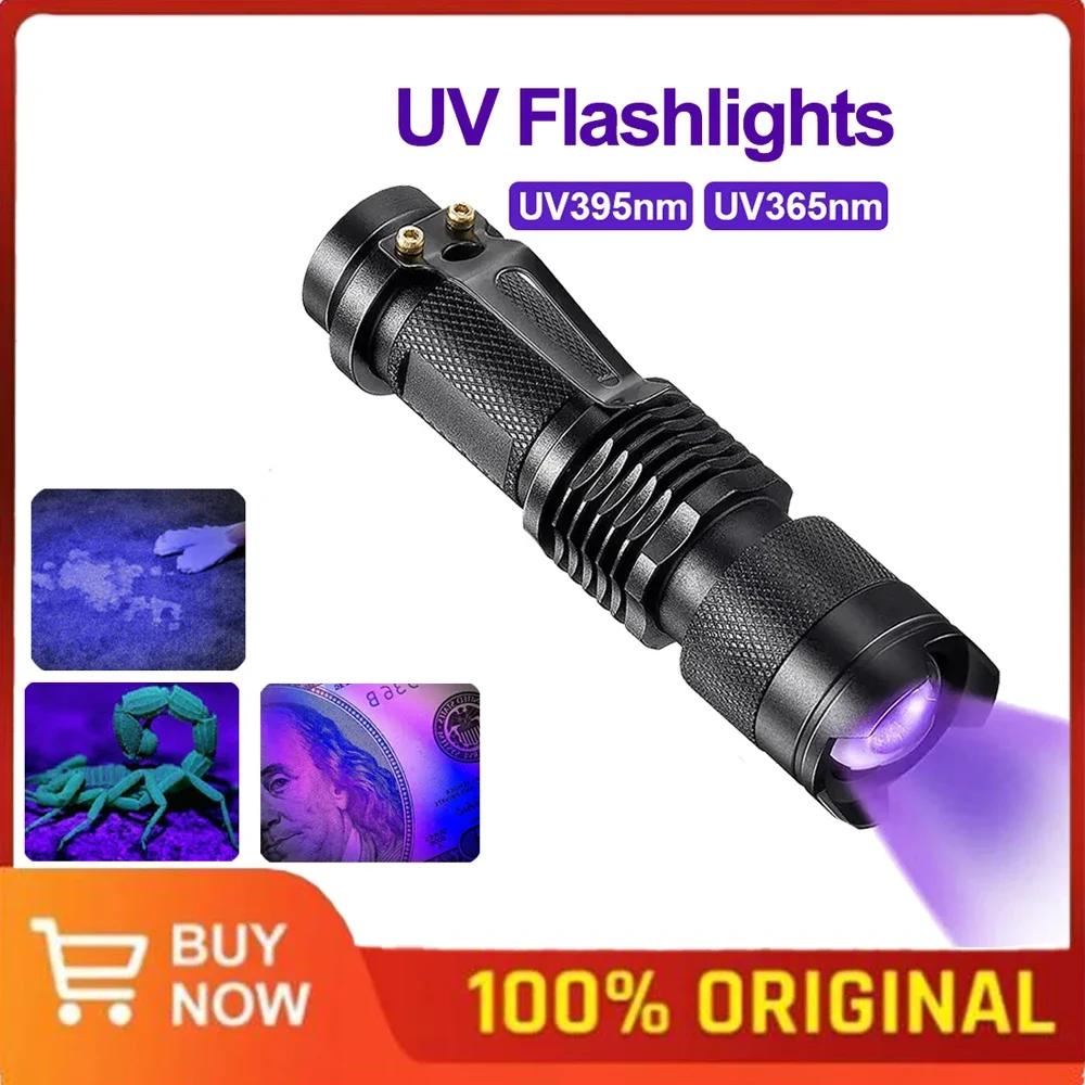 

LED UV Flashlight 365/395nm Portable Mini Ultraviolet Torch Waterproof Zoomable Violet Light Pet Urine Scorpion Detector UV Lamp
