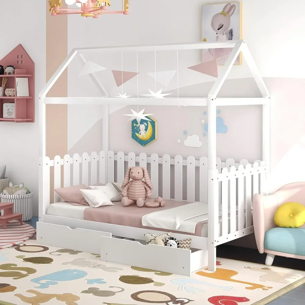 Solid Wood Twin Size House Bed Frame with Roof/Drawers/Fence-Shaped Guardrail, House Bed Platform Bed for Kids,Teens 3