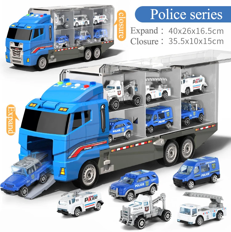 子供のための合金警察のおもちゃ,大型コンテナトラック,消防車