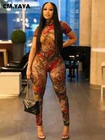 CM.YAYA Women Vintage Print Short Sleeve Mesh See Though Open Back Jumpsuit 2024 Sexy Party Club Playsuit One Piece Suit Romper
