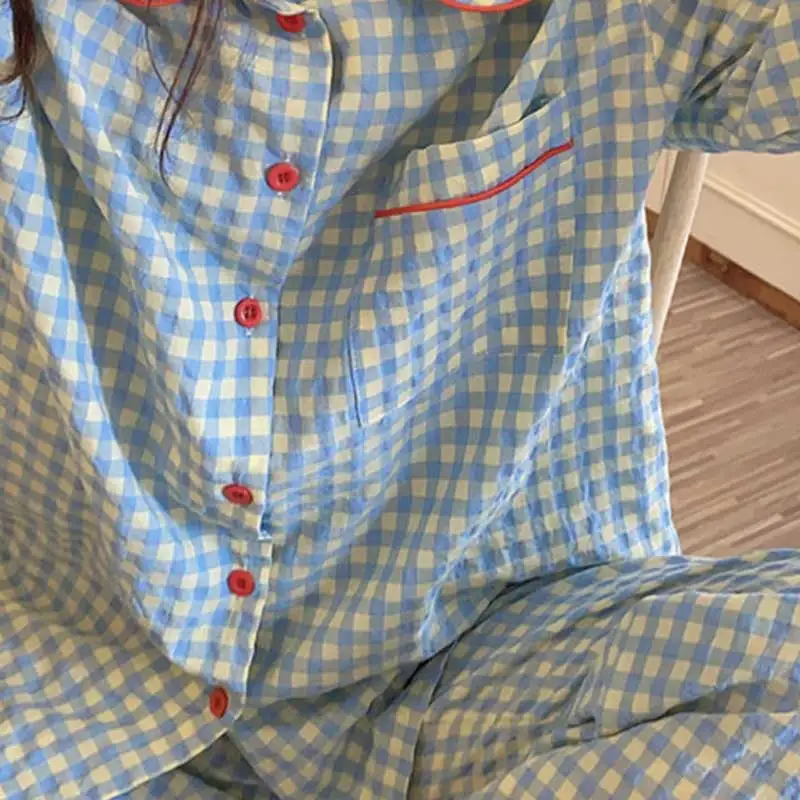 Women Long-Sleeved Pajamas Spring Autumn Summer Casual Thin Korean Ins-Style Student Plaid Doll Collar Loungewear