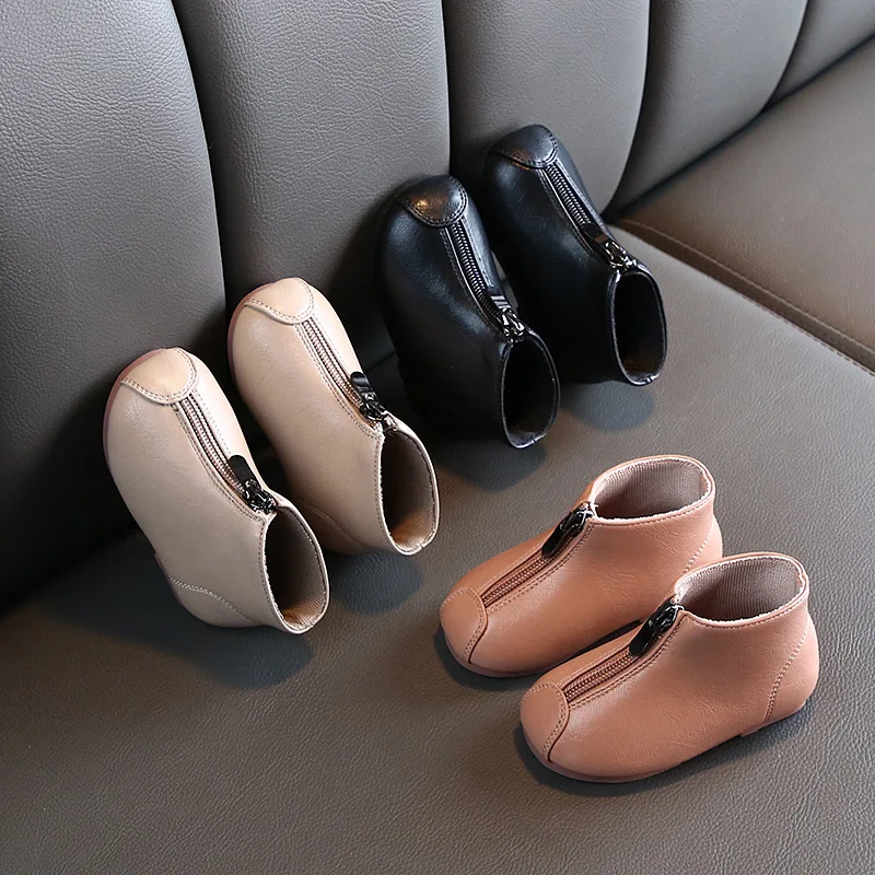 1 Pair Kids Vintage Round Toe Double Zipper Boots, Toddler Soft Bottom Anti-Slip Leather Short Boots