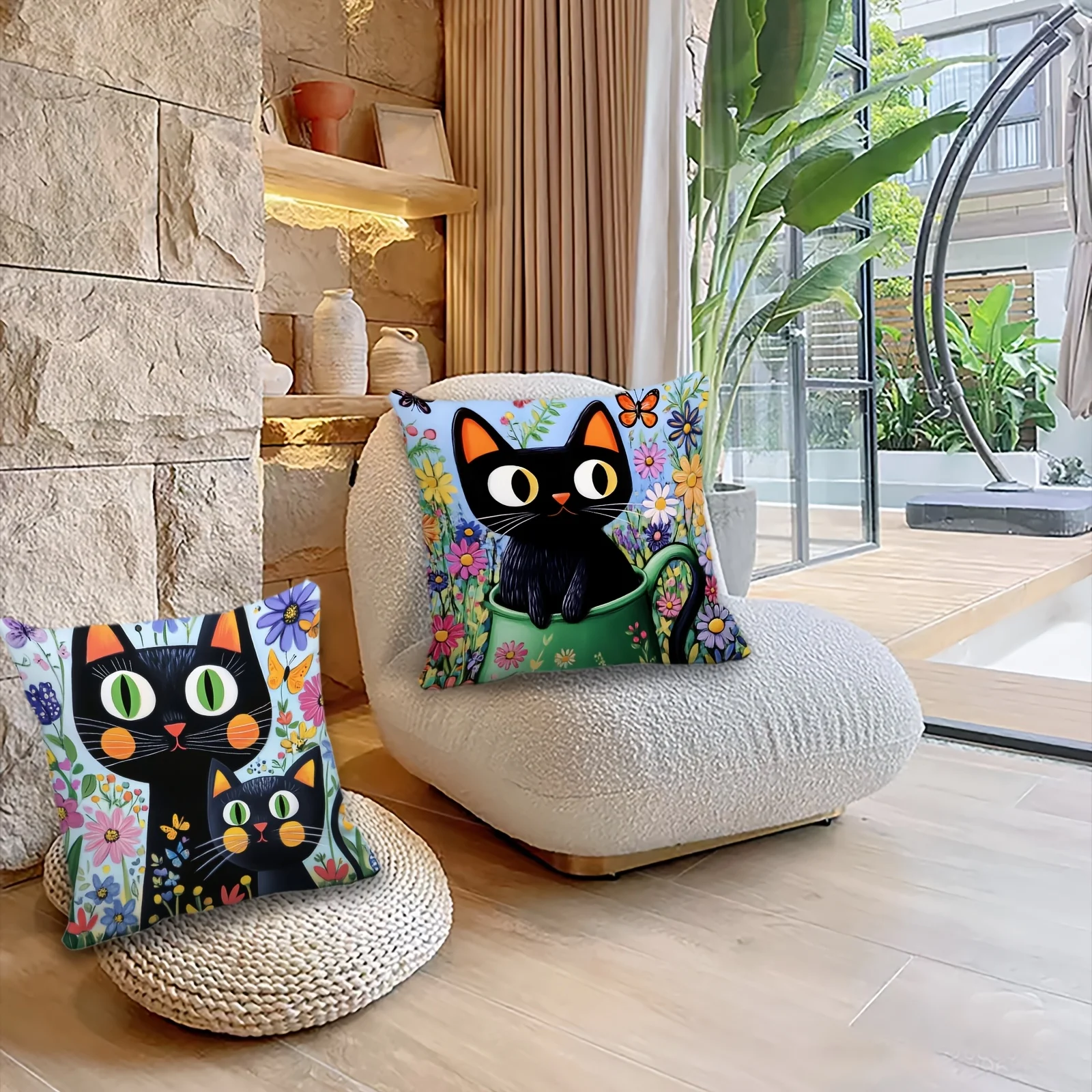 1/4pcs 검은 고양이 테마 꽃 인쇄 베개 커버 소파 쿠션 커버 홈 침실 룸 장식