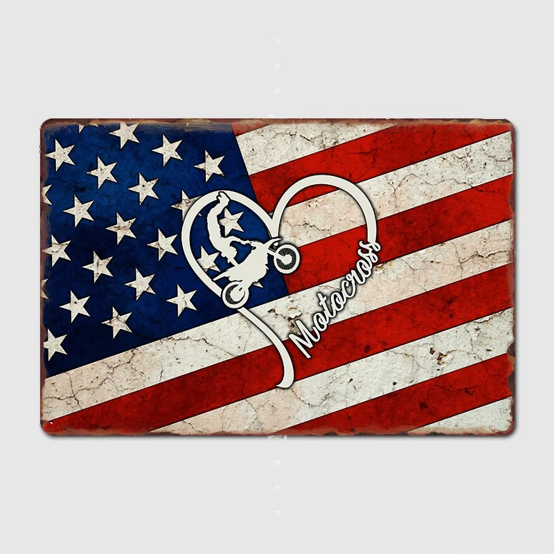 

Full American Flag Heart Motocross Metal Sign Mural Painting Cinema Living Room Cinema Funny Tin Sign Poster