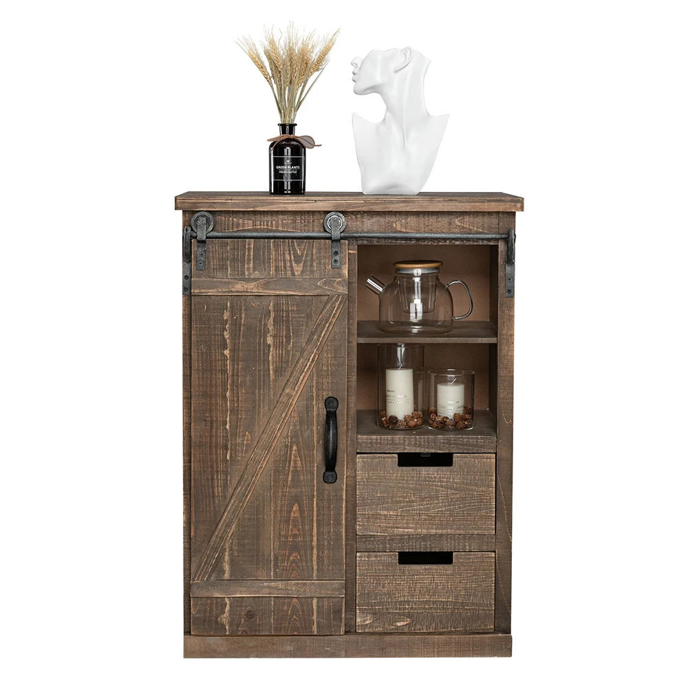 

Vintage Wood Cabinet American Country Style Sliding Single Barn Door with 2 Drawers TV Side Cabinet 60.5x35.5x82CM[US-Stock]