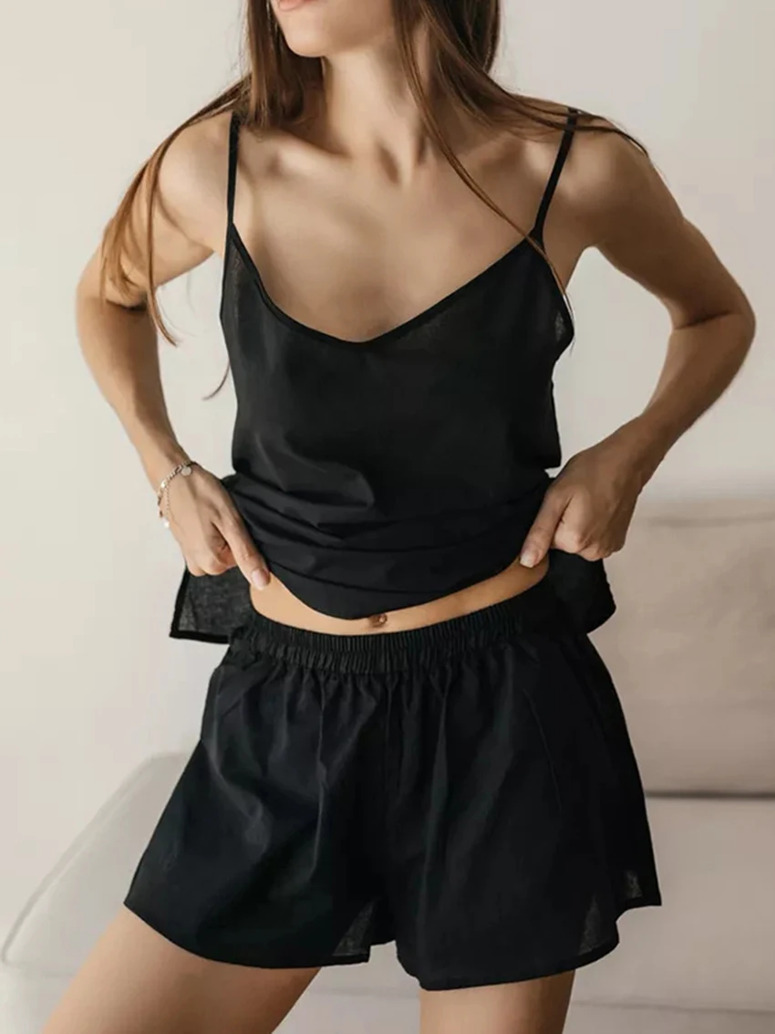 Marthaqiqi Summer Ladies Sleepwear Suit Spaghetti Strap Pajamas Backless Pyjamas Tank Tops Nightwear Shorts Casual Home Clothes