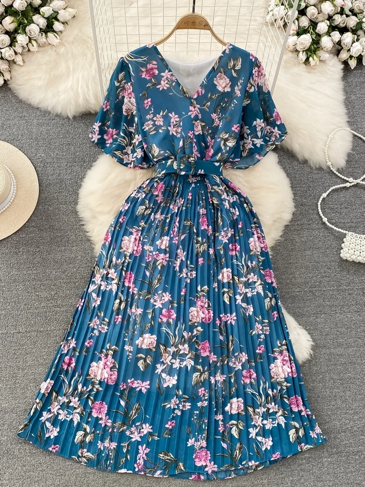 VERWIN Vestido Plisado Estampado De Manga Corta Con Volantes