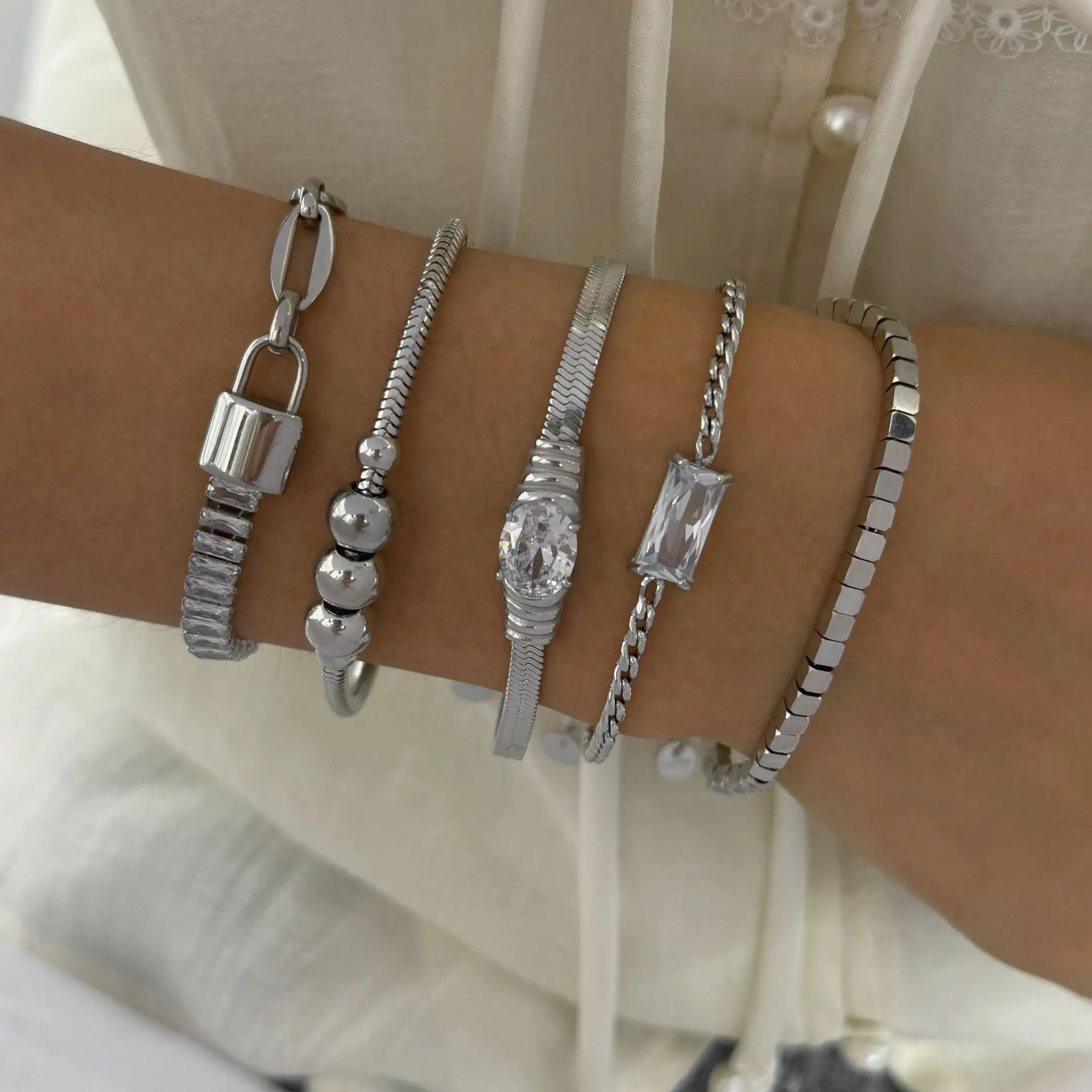 Vintage 18K Gold Plated Flat Snake Chain CZ Zircon Bracelet for Women Waterproof Ballpoint Lock-shape Link Chain Bracelets Gifts