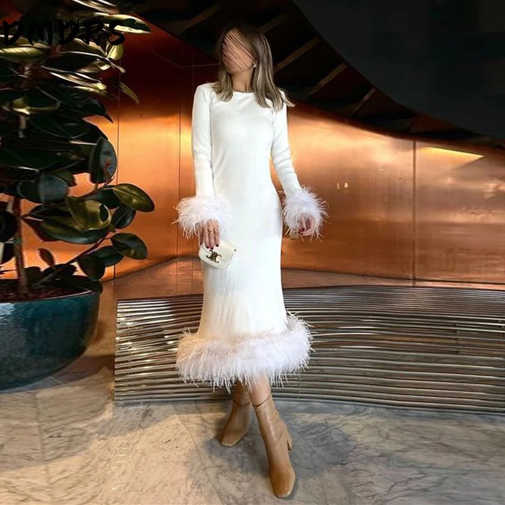 

White Mermaid Evening Dresses Stain Feathers Saudi Arabic Long Sleeves Prom Dresses Women Formal Party Prom Gowns