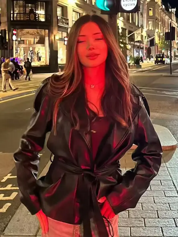 HH Women Spring New Fashion Versatile Imitation Leather Short Windbreaker Coat Female Streetwear Slim Lapel Bow Belt Jacket - Image 2