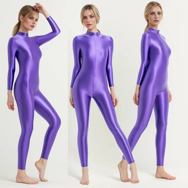 MJINM Satin Glossy Bodysuit Unisex Crotch Long Front Zipper Overall Zentai Suits Casual Sport Tights Leotard High-Neck Jumpsuit 1