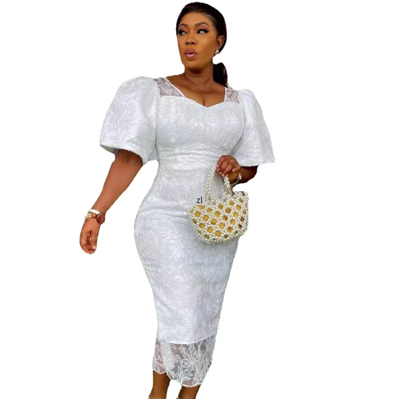 

African Dresses For Women Puff Sleeve White Turkey Sequin Evening Lace Wedding Party Long Dress Muslim Africa Clothes 2023