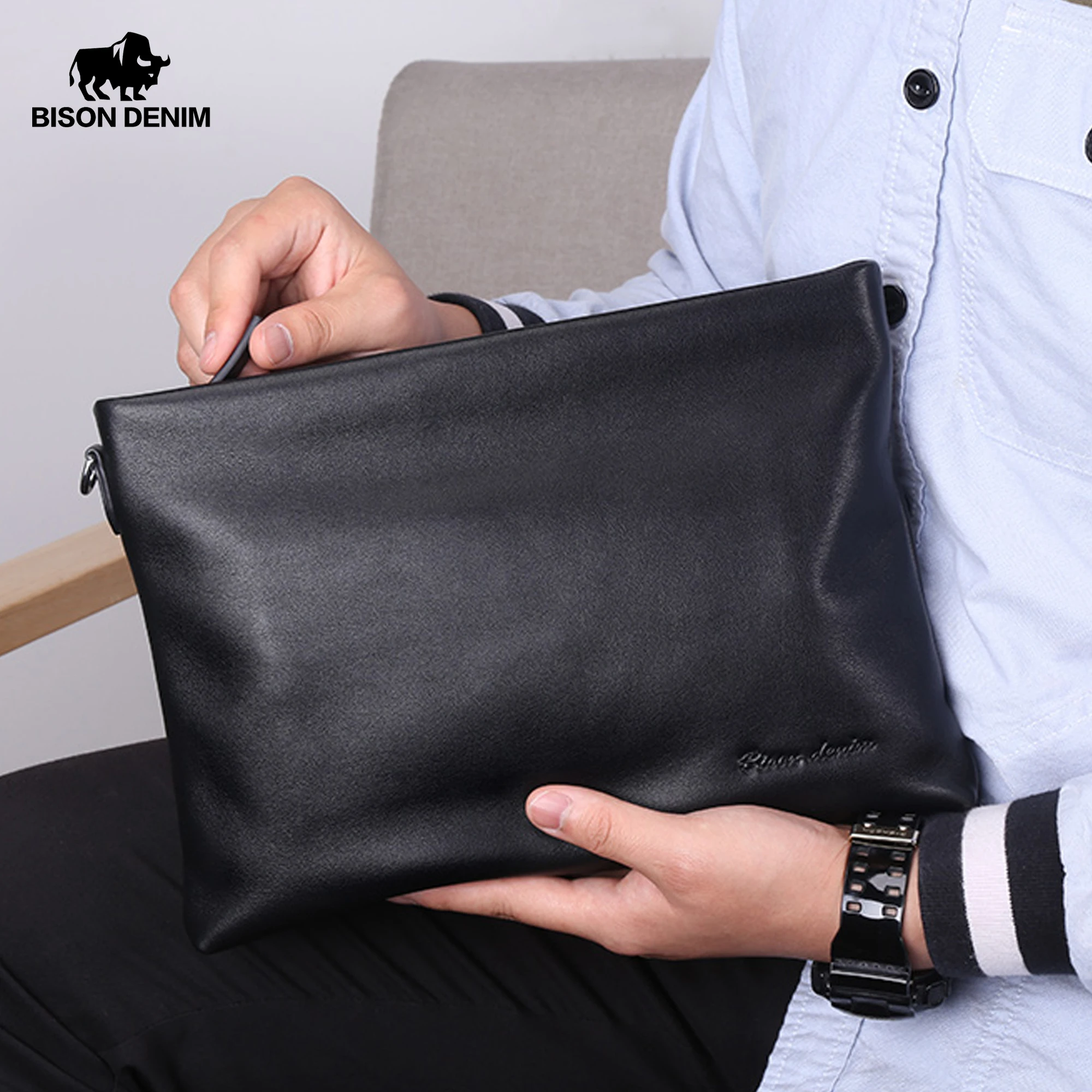 BISONDENIM-Pochette en Cuir group pour Homme, Sac à Main de Grande Capacité pour Téléphone, Marque de Luxe, Poudres, Portefeuille Souple 1
