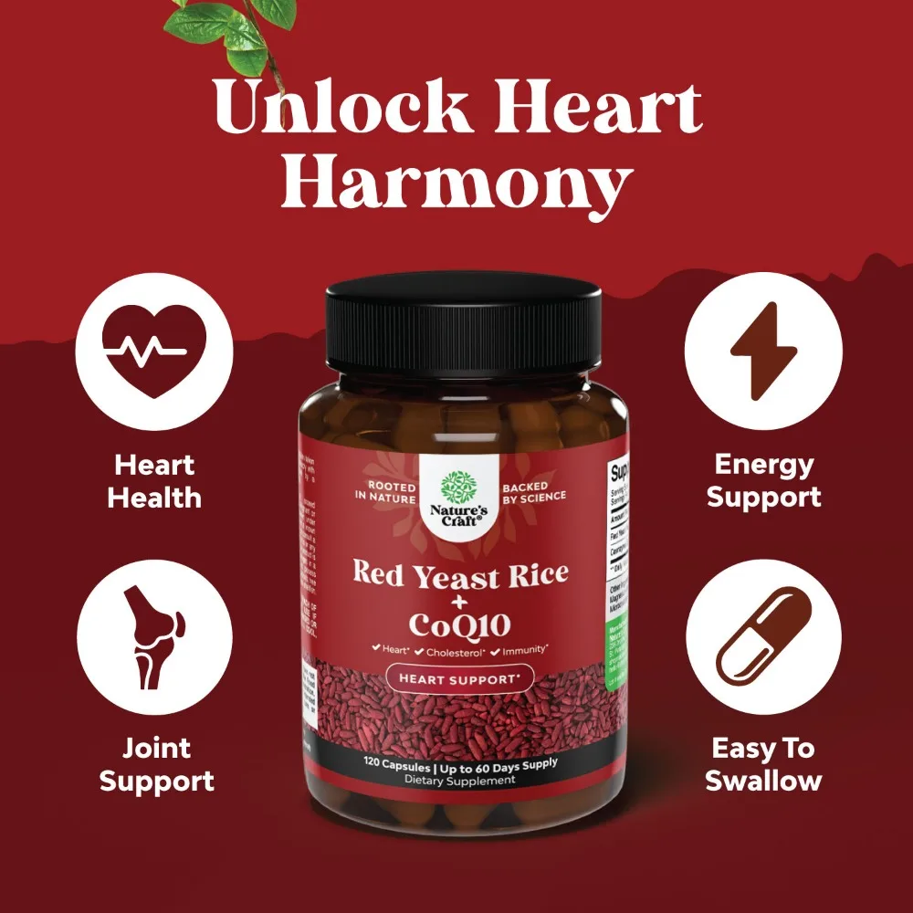 Red Yeast Rice Supplement 1200 Mg Per Serving for High Cholesterol Coenzyme Q10 Capsules 100 Mg Per Serving for Heart Health