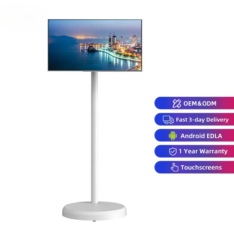 New Design Built-in Battery Flat Screen TV 21.5 Inch 4+64gb White Movable Mobile TV Smart Portable on Wheels