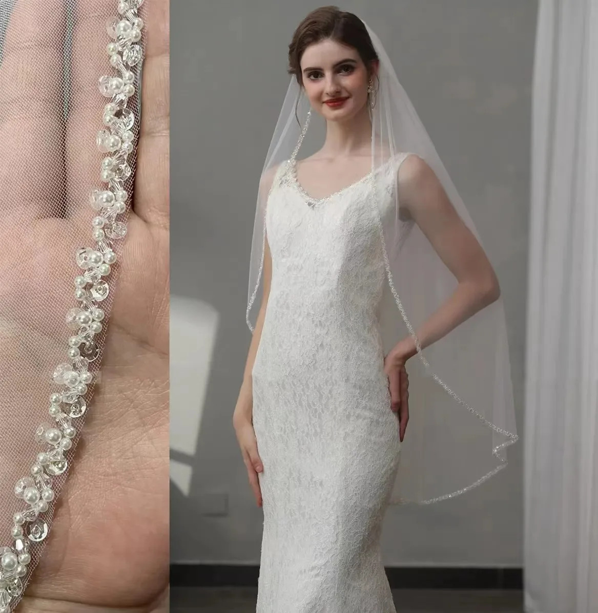 

Wedding Veil Short Elegant Beaded Crystal Pearls Edge Veil White Ivory Bridal Veil With Comb 1 Tier Fingertip Custom Veil