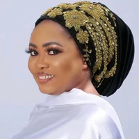 Africain femme enveloppement tête Bonnet musulman Turban chapeau dame tête enveloppes paillettes Luminescence perles plissé Turban casquette pour les femmes 1