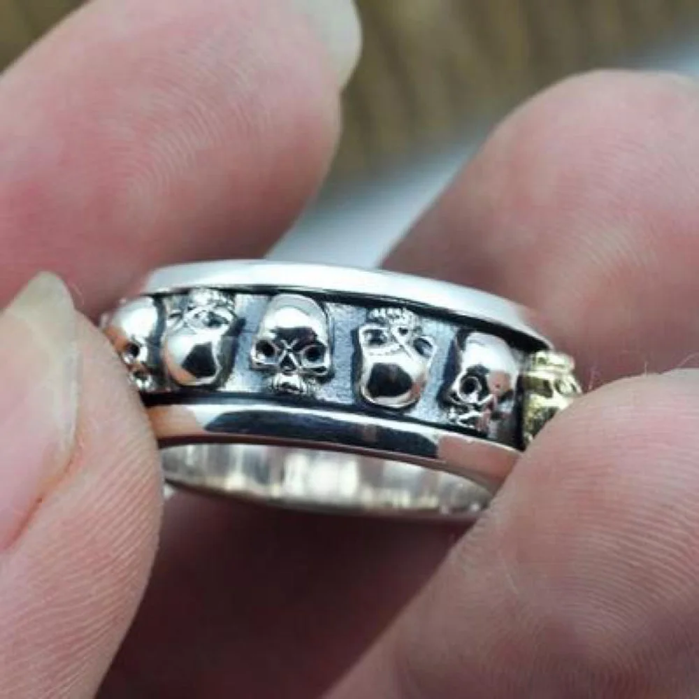 S925 Sterling Silver Rotating Spinner Skull Mens Rings Retro Punk