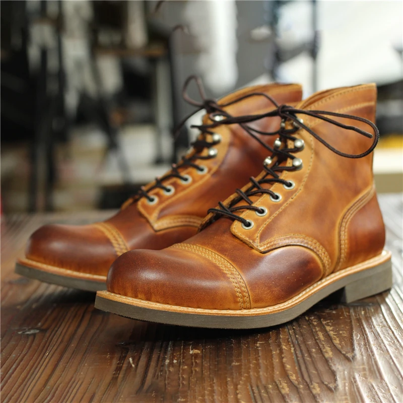 

8111Goodyear-Welted Men Cow Leather Shoes Vintage Tooling Wings Ankle Boots Handmade Round Toe British Military Motorcycle Boots