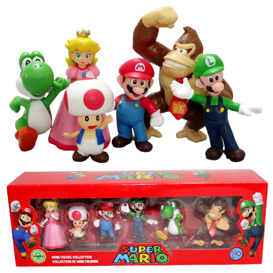 6pcs/set Super Mario Bros PVC Action Figure Toys Dolls Model Set Luigi  Yoshi Donkey Kong Mushroom for kids birthday gifts