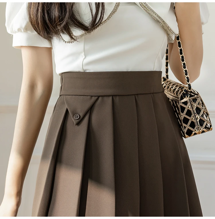 2022 Spring Summer Women's Elegant Pleated Suit Skirts High Waist Fashion Office Ladies Elastic Waist A-line Midi Skirt Vintage brown skirt