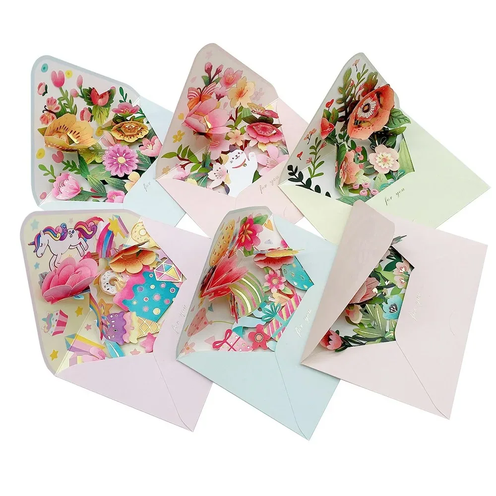 3D Pop-up Birthday Christmas Card Paper Romantic Flower Greeting Cards Valentines Gifts with Envelope Flowers Postcard
