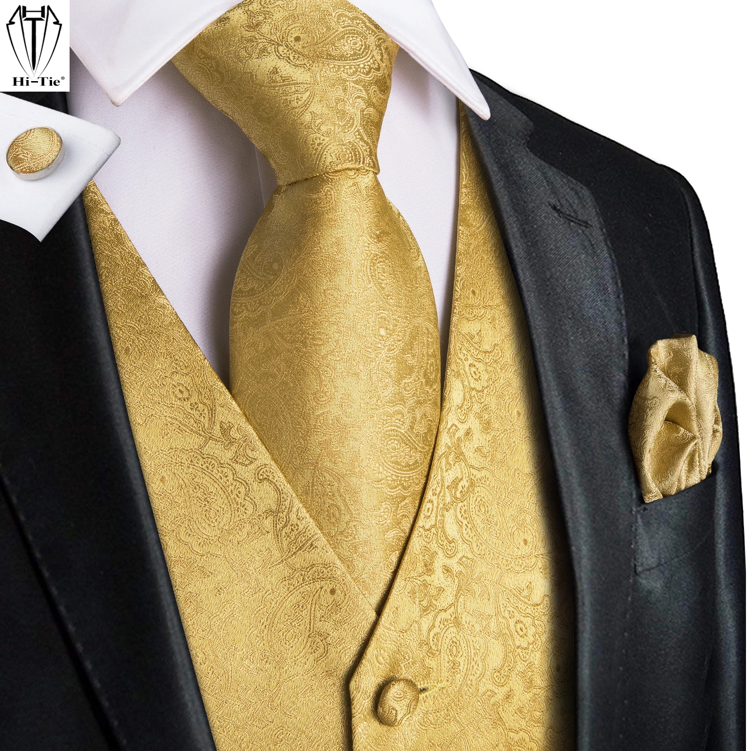 Luxury Gold Mens Vests Silk Red Blue Green Gold Waistcoat Tie