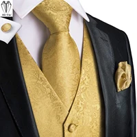 Luxury Gold Mens Vests Silk Red Blue Green Gold Waistcoat Tie Bowtie Hanky Cufflinks Set Male Waist Jacket Wedding Office Hi-Tie 2