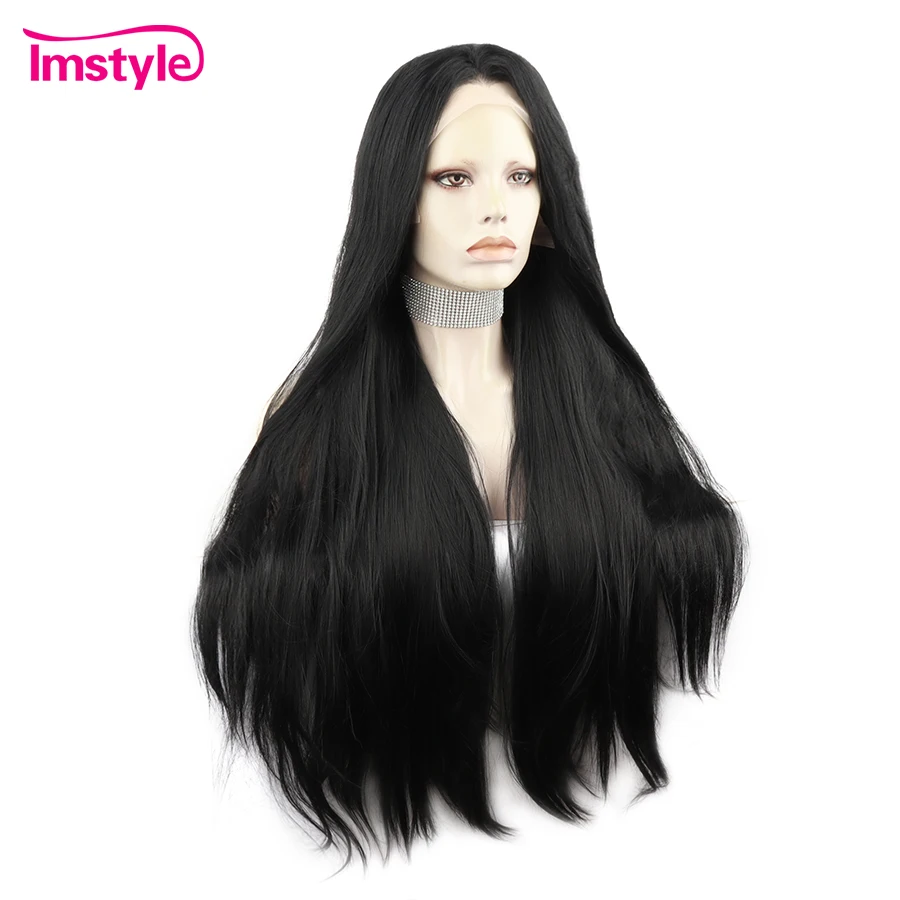 IMSTYLE-Perruque Lace Front Synthétique Noire de Jais, Postiche Long et Droit de 30 Pouces pour Femme Noire, Degré de Chaleur, 03/Cosplay