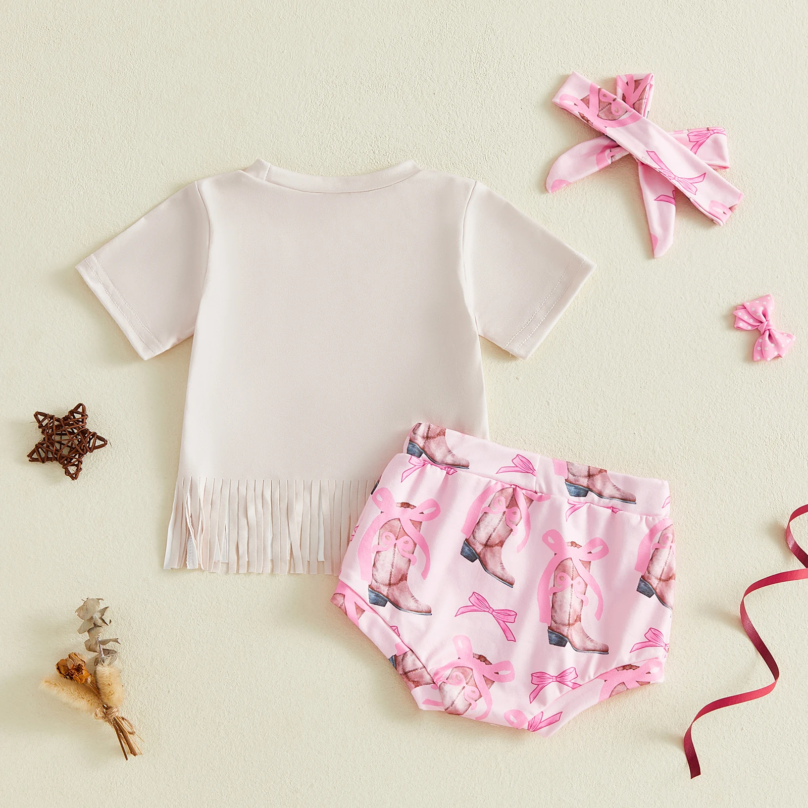 여아 반바지 세트, 부츠/모자 프린트 반팔 태슬 티셔츠와 반바지 및 머리띠 여름 의상 0-24M