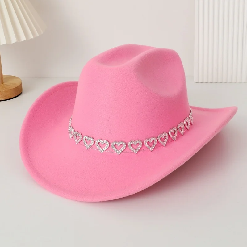 Lamuusaa y2k Women Rhinestone Heart Cowgirl Hat Wide Brim Western Hat Themed Party Cap Accessories