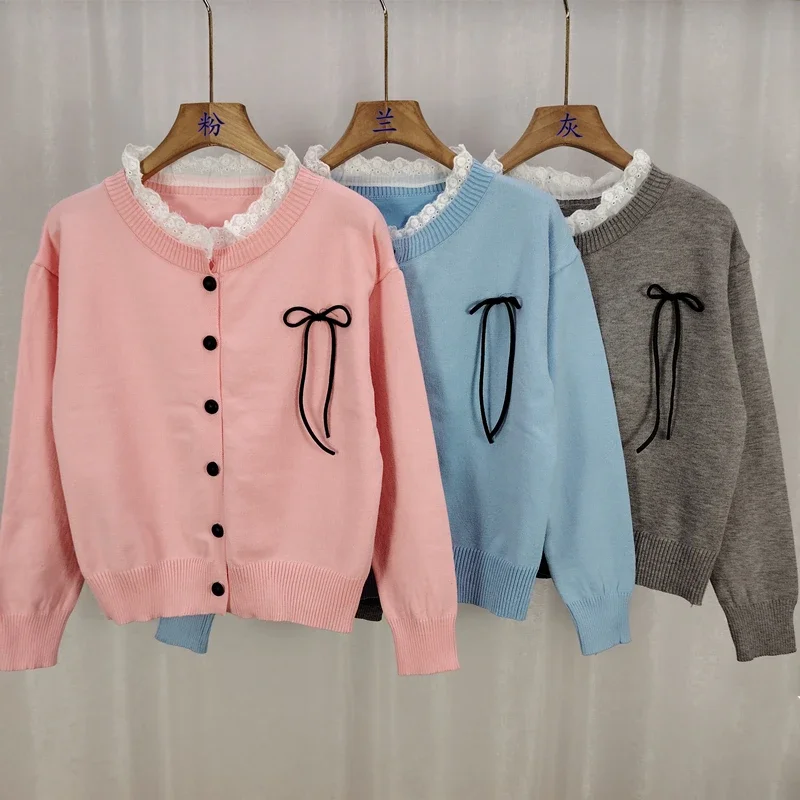 New Autumn and Winter Slim-fit Women's Cardigan Long Sleeve O Neck Lace Sweater Fashion Bow Single-breasted Solid Color Knitwear