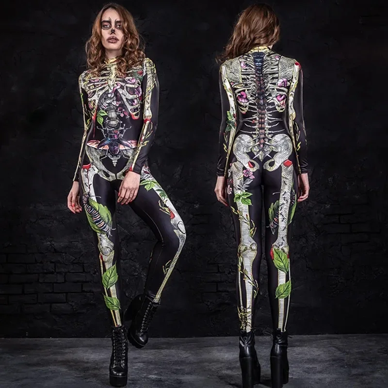 

Halloween Masquerade Party Cosplay Costume Lady Hot Girls Sexy Zentai Bodysuit Women Horror Human Skeleton Jumpsuit Tracksuit