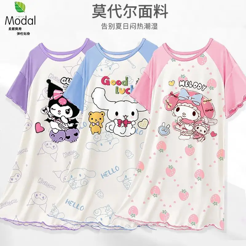 

2024 Sweet Kuromi Mymelody Kid Pajama Sanrio Kawaii Anime Cinnamoroll Nightdress Thin Summer Cute Home Wear Clothe Gift for Girl