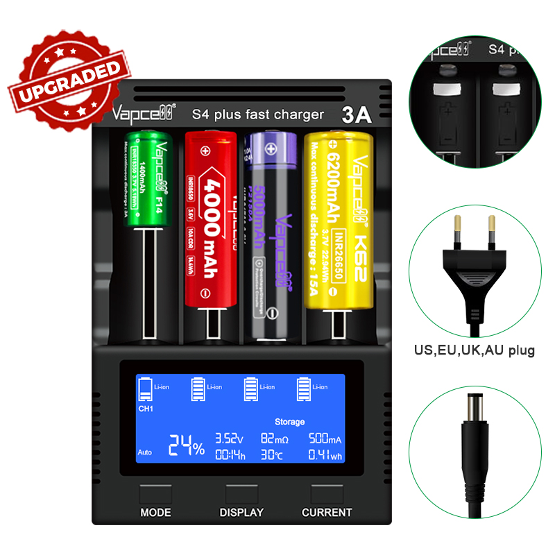 V3.0 Vapcell version S4 plus fast battery charger 3A 4 slot total 12a discharge/capacity test/repair EU/US/UK/EU plug