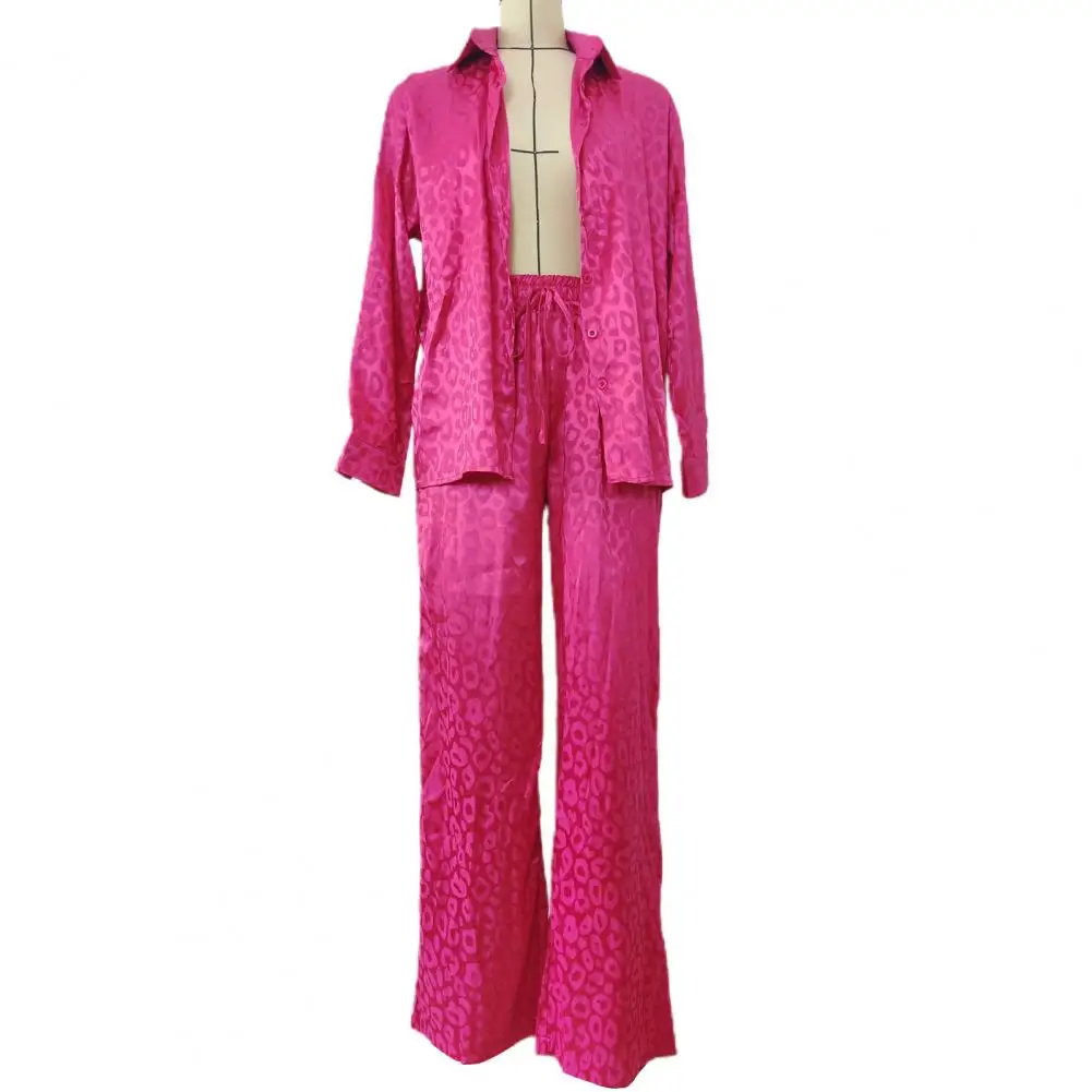 Spring Shirt Pants Suit Leopard Print Ladies Suit Set Stylish Single-breasted Blouse Wide Leg Trousers with Soft Satin Lapel