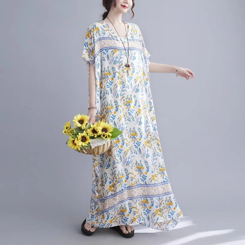 Summer Style Nightdresses Women Sleepwear Long Dress V-Neck Nightgown Plus Size Nightwear loose Can Outside Wear
