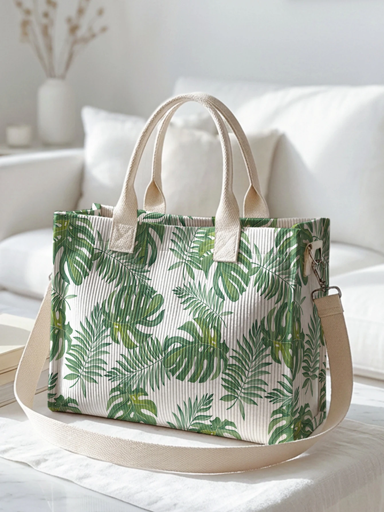 Monstera Corduroy Tote Bag with Pockets 3