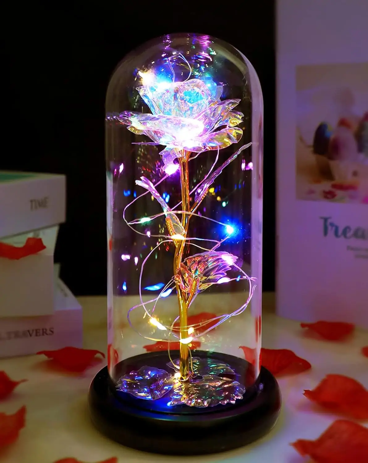 Künstliche Glasblume mit ewiger Rose des LED-Lichters für Frauen, Schöne und Biest, Rose, Geburtstagsgeschenke für Mädchen, Weihnachten