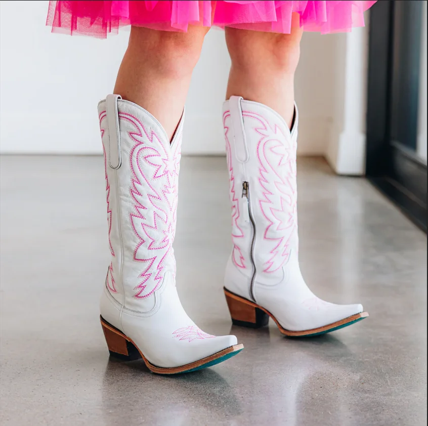 Embroidered White Western Boots 2024 Autumn Retro Mid Calf Cowgirl Women's Boots With Side Zip Lady Shoes