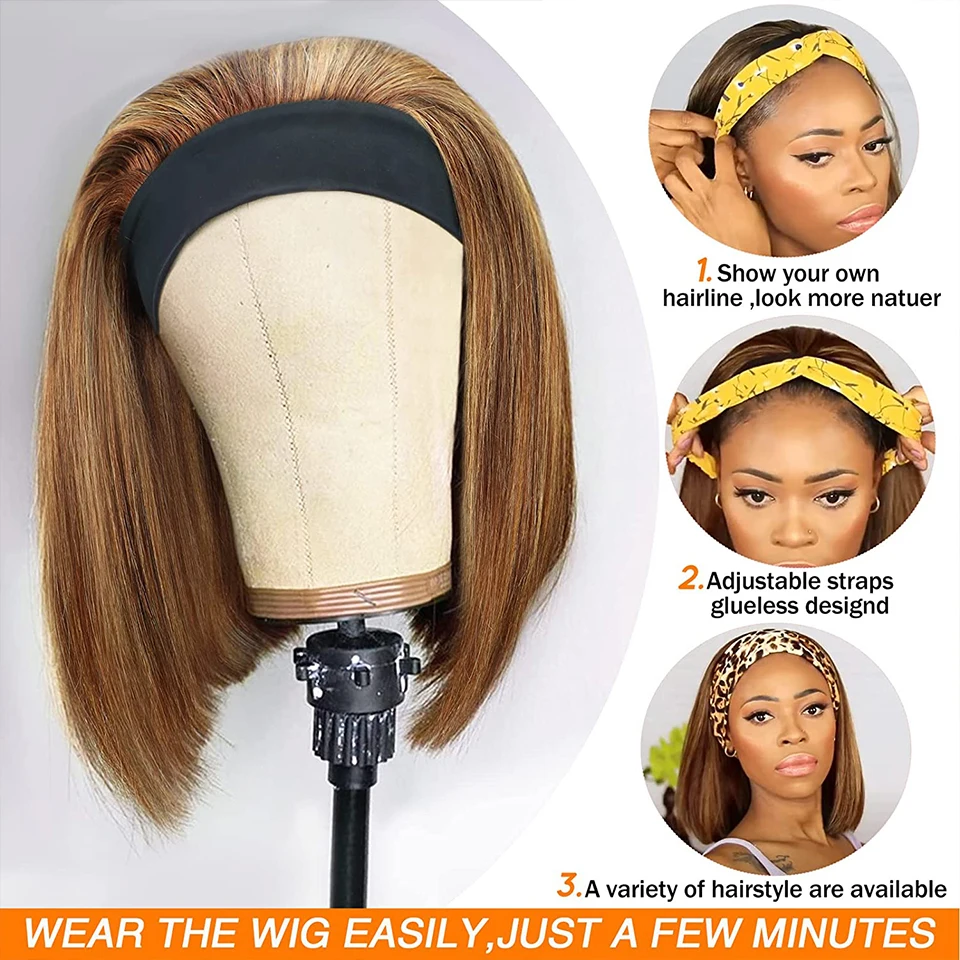 Highlight Bob Headband Wigs Human Hair Short Straight Bob Headband Wig for Women Brazilian Glueless P4/27 Ombre Brown Blonde Wig