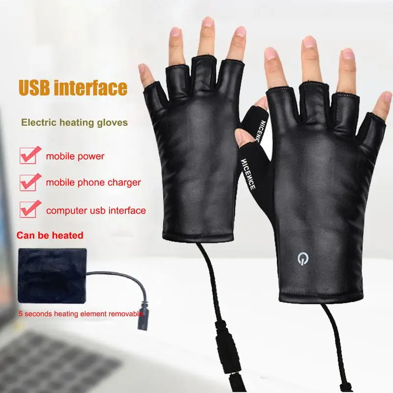 Black Winter Heated Gloves USB Charging Heating Polyester Half Finger Gloves For Men Women Motorcycle Cycling Skiing 4