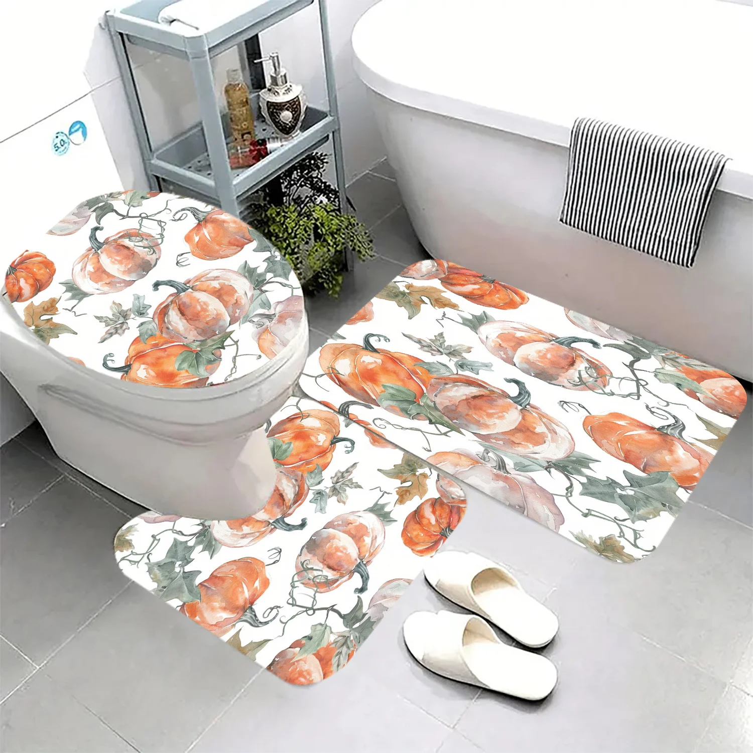 골드 호박 프린트 3팩 - 미끄럼 방지 매트, U자형 매트, 변기 커버 - 폴리에스테르 원단, 세탁기 사용 가능