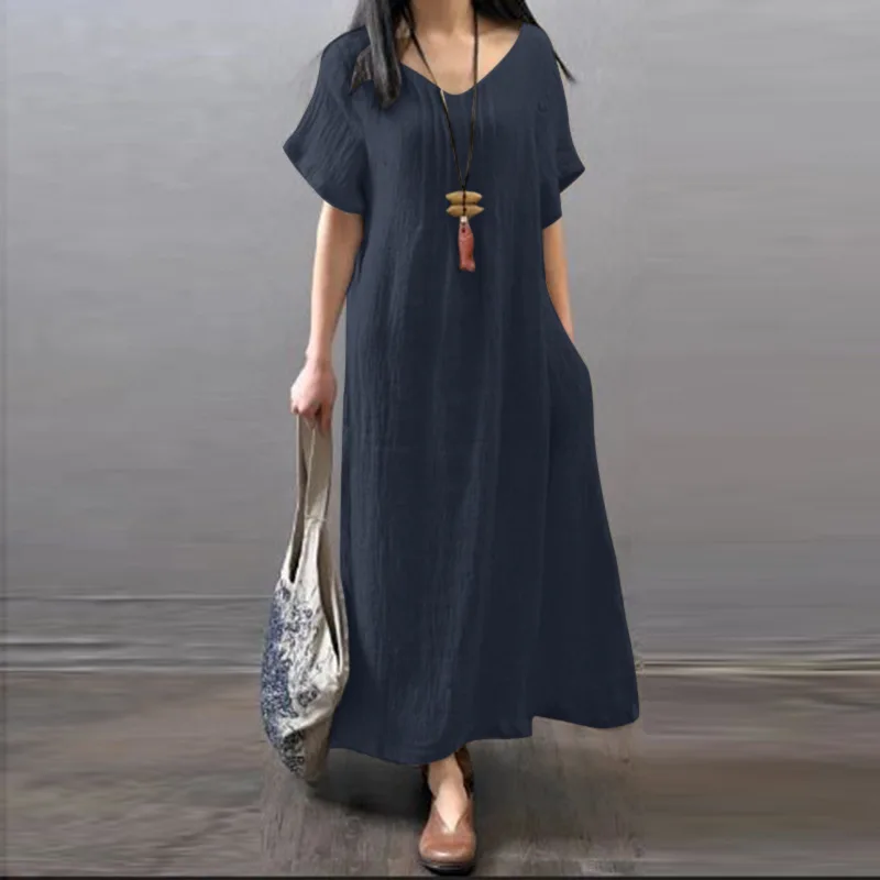 Summer Retro Literary Long Dress Cotton Linen Short-sleeved Round Neck  Loose Casual Solid Color Pocket Dress Women's Clothing - AliExpress  200000345