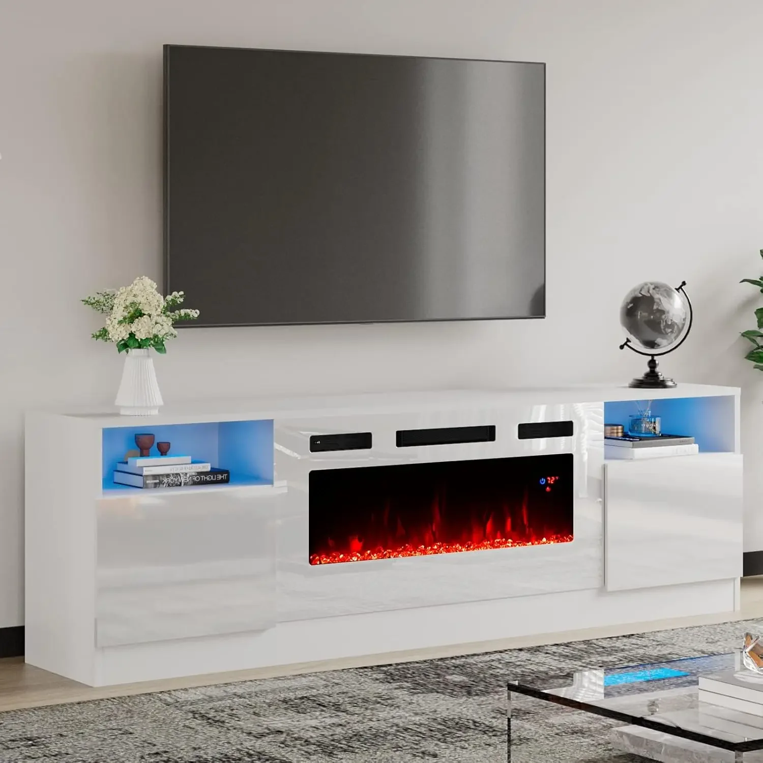 LED Light Entertainment Center w/36" Electric Fireplace, 70" Modern Wood Entertainment Stand w/ Highlight Storage Cabinet ,White 6